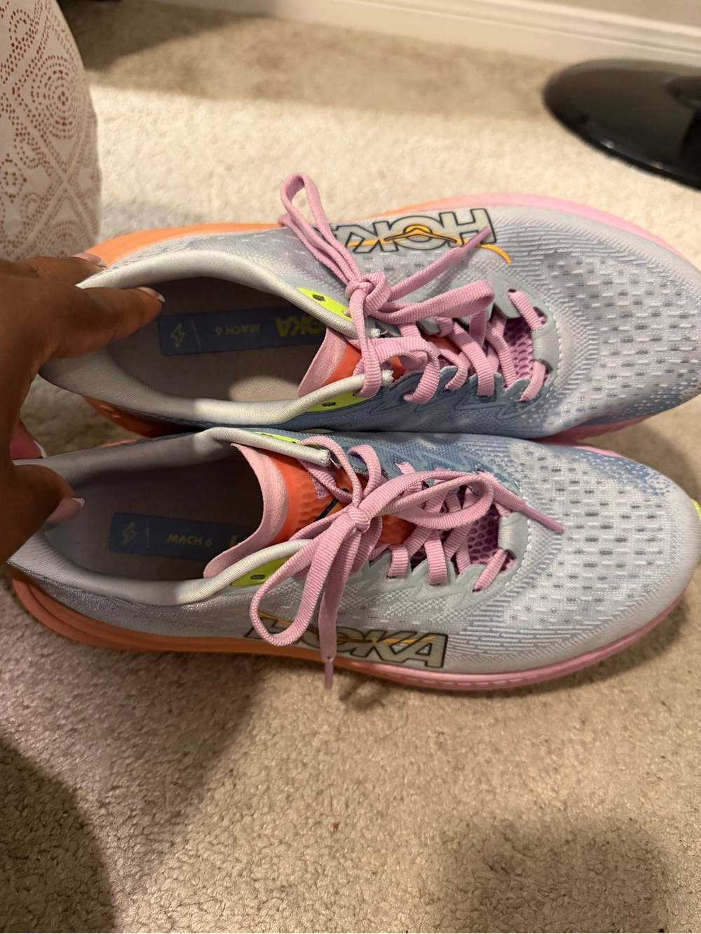 Hoka Women Light Blue Sneakers with Pink & Orange Accents - Picture 4 of 5